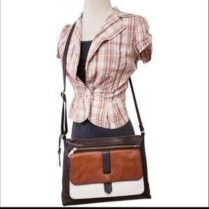 FOSSIL MULTICOLOR BROWN TAN BEIGE PURSE SHOULDER BAG 13X9X2 SUPER CUTE!!  *EXCEL